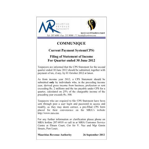 Document preview: CPS for quarter ended 30 June 2012 (26.09.2012) — Notice / Circular, Mauritius (CERFA n°CommuniqueCPS260912)