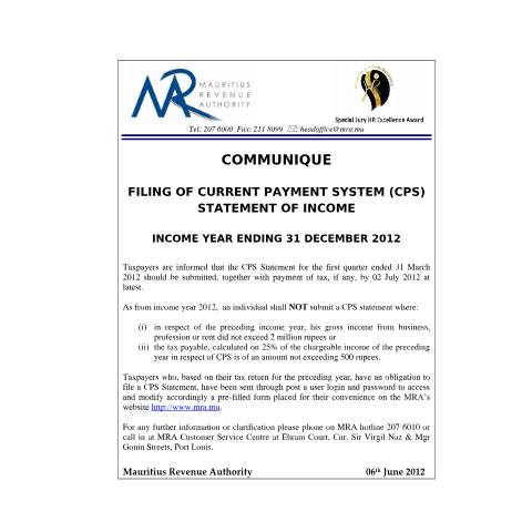 Document preview: Filing of CPS Statement of Income (06.06.2012) — Notice / Circular, Mauritius (CERFA n°CommuniqueCPS2012)