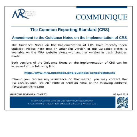 Document preview: Amendment to the Guidance Notes on the Implementation of CRS (05.04.19) — Document, Mauritius (CERFA n°CRS050419)