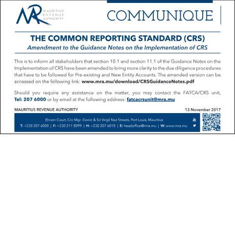 Document preview: CRS : Amendment to the Guidance Notes on the Implementation of CRS (13.11.17) — Document, Mauritius (CERFA n°CRS131117)