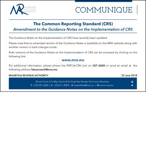 Document preview: Amendment to the Guidance Notes on the Implementation of CRS (22.06.18) — Document, Mauritius (CERFA n°CRS220618)