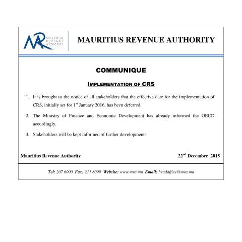 Document preview: Implementation of CRS (22.12.15) — Document, Mauritius (CERFA n°CRS221215)