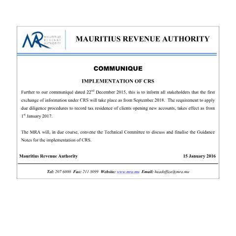 Document preview: Implementation of CRS (15.01.16) — Document, Mauritius (CERFA n°ImplementationCRS150116)
