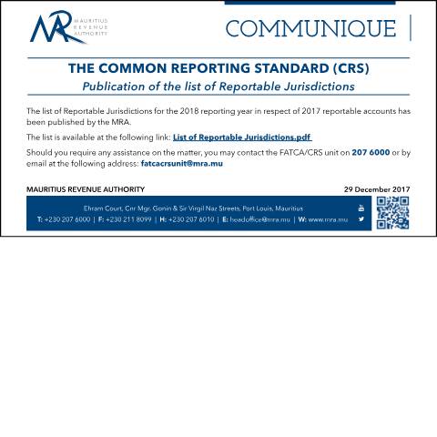 Document preview: The Common Reporting Standard (CRS) - Publication of the list of Reportable Jurisdictions (29.12.17) — Reference, Mauritius (CERFA n°CRS291217)