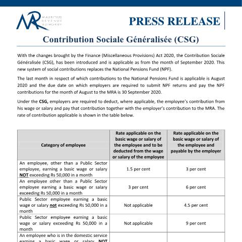 Document preview: Contribution Sociale Généralisée (CSG) — Document, Mauritius (CERFA n°PressReleaseCSG)