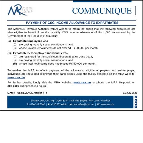 Document preview: Payment of CSG Income Allowance to Expatriates (11.07.22) — Document, Mauritius (CERFA n°CSGExpatriates110722)