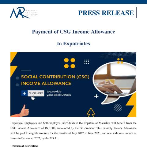 Document preview: Payment of CSG Income Allowance&nbsp;to Expatriates — Document, Mauritius (CERFA n°PressReleaseCSGIncomeAllowance280722)