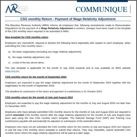 Document preview: CSG monthly Return - Payment of Wage Relativity Adjustment (18.09.24) — Form, Mauritius (CERFA n°CommuniqueCSGReturn180924)
