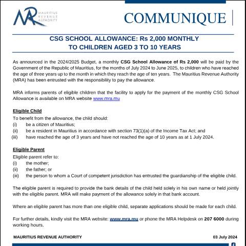 Document preview: CSG School Allowance : Rs 2,000 Monthly to Children aged 3 to 10 Years (03.07.24) — Document, Mauritius (CERFA n°CSGSchoolAllowance030724)