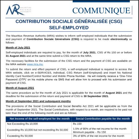 Document preview: Contribution Sociale Généralisée (CSG) : Self-Employed (16.08.21) — Notice / Circular, Mauritius (CERFA n°CommuniqueCSG160821)