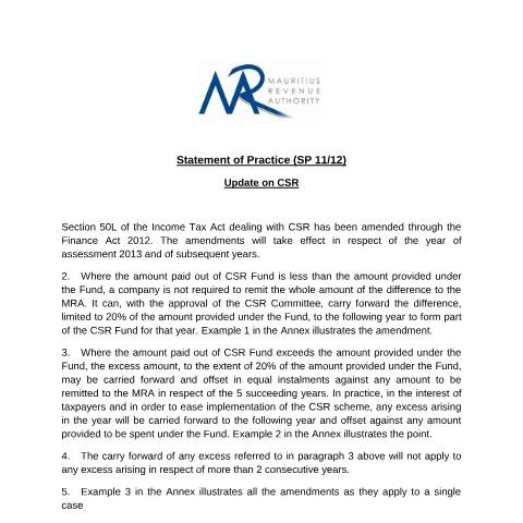 Document preview: SP 11/12 — Document, Mauritius (CERFA n°SOP1112CSR)