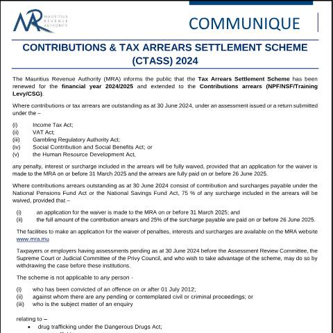 Document preview: Contribution &amp; Tax Arrears Settlement Scheme (CTASS) 2024 (03.09.24) — Document, Mauritius (CERFA n°CTASS030924)
