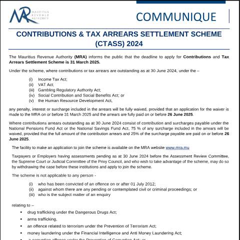 Document preview: Contributions &amp; Tax Arrears Settlement Scheme (CTASS) 2024 (07.03.25) — Document, Mauritius (CERFA n°CTASS070325)