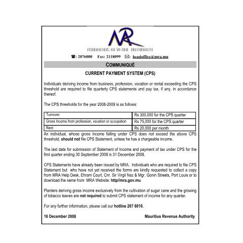 Document preview: Current Payment System (CPS) (16.12.2008) — Document, Mauritius (CERFA n°CPS161208)