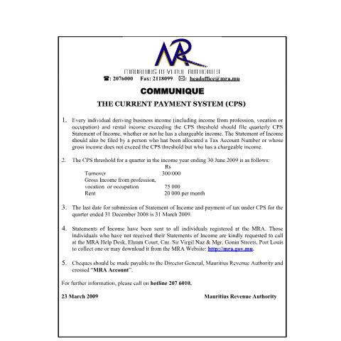 Document preview: Current Payment System (CPS)(23.03.2009) — Notice / Circular, Mauritius (CERFA n°CommuniqueCPS230309)