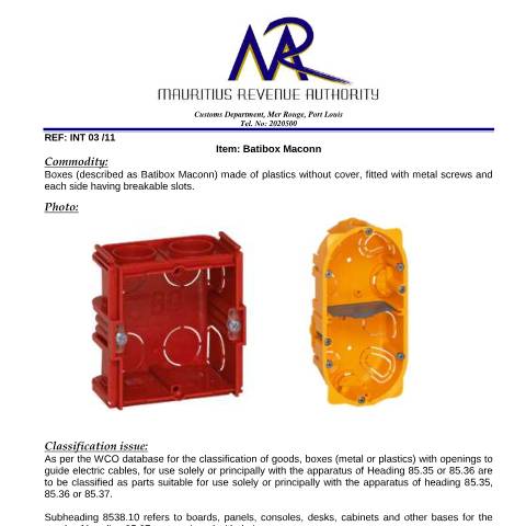 Document preview: Classification for Batibox Maconn — Document, Mauritius (CERFA n°Batibox)