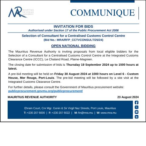 Document preview: Invitation for Bids (23.08.24) — Document, Mauritius (CERFA n°BidsProcurement230824)