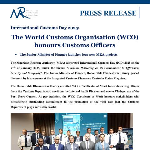 Document preview: International Customs Day 2025: The World Customs Organisation (WCO) honours Customs Officers (27.01.25) — Document, Mauritius (CERFA n°PressRelease270125)