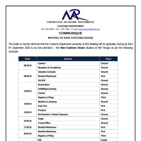 Document preview: Moving to New Customs House (06.09.2010) — Notice / Circular, Mauritius (CERFA n°CommuniqueIKS2NCH)