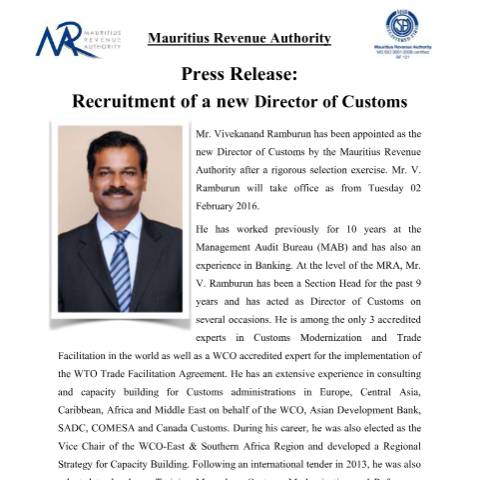Document preview: Recruitment of a new Director of Customs (02.02.16) — Document, Mauritius (CERFA n°PressReleaseFeb2016)