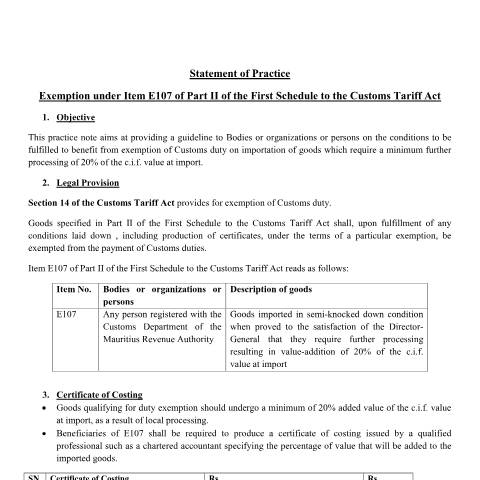 Document preview: Statement of Practice - Item E107 — Reference, Mauritius (CERFA n°ItemE107)