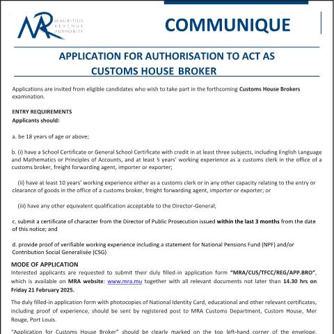 Document preview: Application for authorisation to act as Customs House Broker (21.01.25) — Form, Mauritius (CERFA n°Communique-CustomsHouseBrokers)
