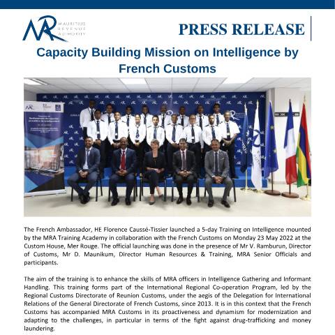 Document preview: Capacity Building Mission on Intelligence by French Customs (27.05.22) — Document, Mauritius (CERFA n°PressRelease270522)