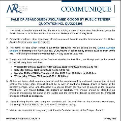 Document preview: Qu. 08 of 2023 (10.05.23) — Notice / Circular, Mauritius (CERFA n°CommuniqueQUO202308)