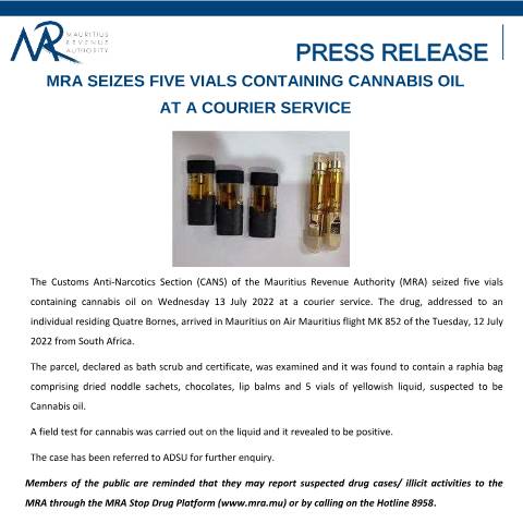 Document preview: MRA seizes five vials containing cannabis oil at a courier service — Document, Mauritius (CERFA n°PressReleaseVials180722)