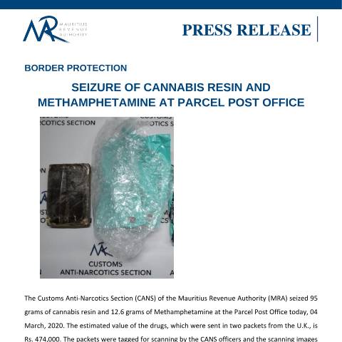 Document preview: Seizure of Cannabis Resin and Methamphetamine at Parcel Post Office (04.03.20) — Document, Mauritius (CERFA n°PressRelease040320)