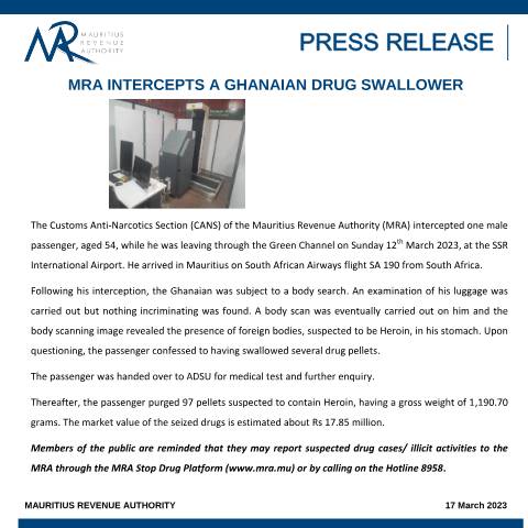 Document preview: MRA intercepts a Ghanaian drug swallower (17.03.23) — Document, Mauritius (CERFA n°PressRelease170323)