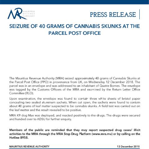 Document preview: Seizure of 40 grams of Cannabis Skunks at the Parcel Post Office (13.12.18) — Document, Mauritius (CERFA n°PressReleaseCannabis131218)