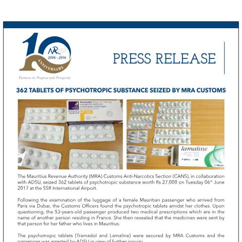 Document preview: 362 tablets of psychotropic substance seized by MRA Customs (06.06.17) — Document, Mauritius (CERFA n°PressRelease070617)