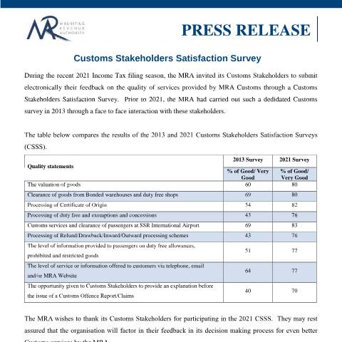 Document preview: Customs Stakeholders Satisfaction Survey (23.12.21) — Document, Mauritius (CERFA n°PressRelease231221)