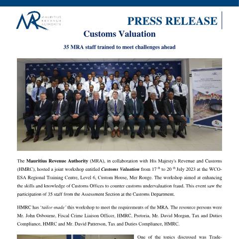 Document preview: Customs Valuation : 35 MRA staff trained to meet challenges ahead (28.07.23) — Document, Mauritius (CERFA n°PressRelease280723)