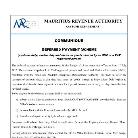 Document preview: Deferred Payment Scheme (28.07.15) — Document, Mauritius (CERFA n°DFS290715)