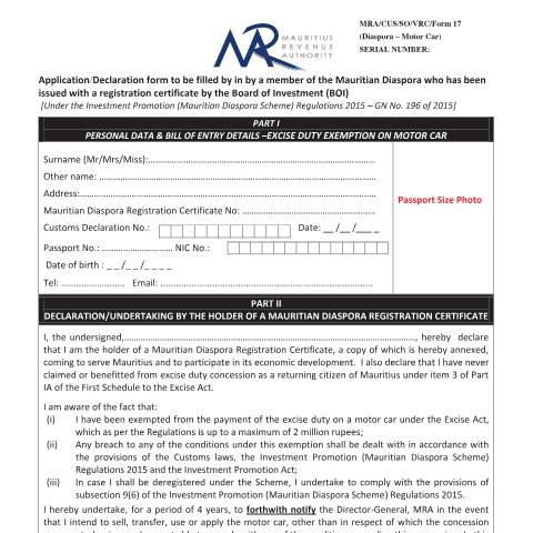 Document preview: Motor car — Document, Mauritius (CERFA n°DiasporaCertificateMotorCar)