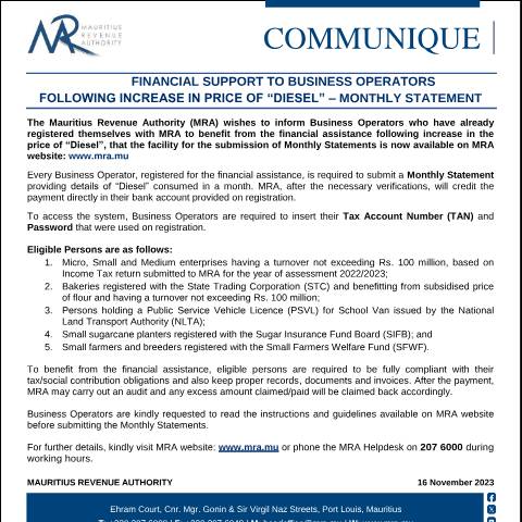 Document preview: Financial Support to Business Operators Following Increase in Price of “Diesel” – Monthly Statement (16.11.23) — Document, Mauritius (CERFA n°DieselMonthlyStmt161123)