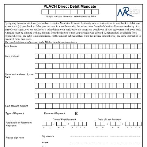 Document preview: PLACH Direct Debit Mandate Form — Form, Mauritius (CERFA n°DirectDebitApplicationForm)