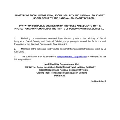 Document preview: COMMUNIQUE FOR AMENDMENTS OF PROTECTION AND PROMOTION OF THE RIGHTS OF PERSONS WITH DISABILITIES ACT – amended — Act / Law, Mauritius (CERFA n°COMMUNIQUE-FOR-AMENDMENTS-OF-PROTECTION-AND-PROMOTION-OF-THE-RIGHTS-OF-PERSONS-WITH-DISABILITIES-ACT-amended)
