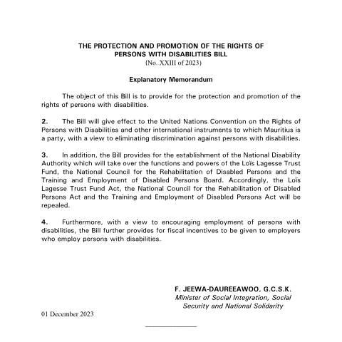 Document preview: The Protection and Promotion of the Rights of Persons with Disabilities Bill 2023 — Document, Mauritius (CERFA n°The-Protection-and-Promotion-of-the-Rights-of-Persons-with-Disabilities-Bill-2023)