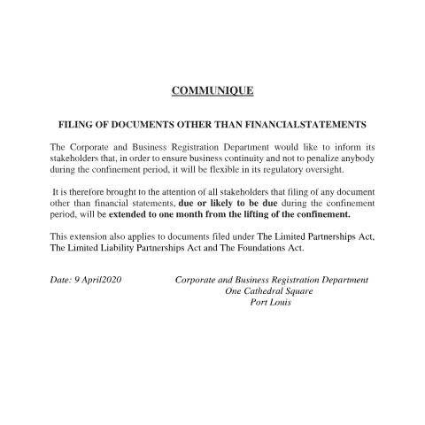 Document preview: COMMUNIQUE (3) FOR FILING OF DOCUMENTS (3) — Notice / Circular, Mauritius (CERFA n°COMMUNIQUE-3-FOR-FILING-OF-DOCUMENTS-3)