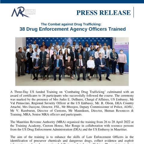 Document preview: The Combat against Drug Trafficking: 38 Drug Enforcement Agency Officers Trained (29.04.22) — Document, Mauritius (CERFA n°PressRelease290422)