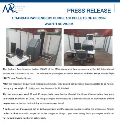 Document preview: Ugandan passengers purge 160 pellets of heroin worth Rs 29.9 M (13.05.22) — Document, Mauritius (CERFA n°PressRelease130522)