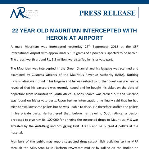 Document preview: 22 year-old Mauritian intercepted with heroin at airport (26.09.18) — Document, Mauritius (CERFA n°DrugSeizure260918)
