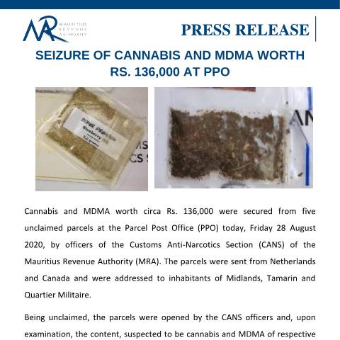Document preview: Seizure of Cannabis and MDMA worth Rs. 136,000 at Parcel Post Office (PPO) (28.08.20) — Document, Mauritius (CERFA n°PressRelease280820)