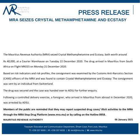 Document preview: MRA Seizes Crystal Methamphetamine and Ecstasy (06.01.21) — Document, Mauritius (CERFA n°DrugSeizure060121)