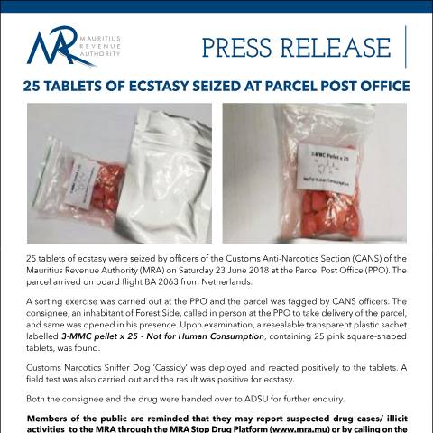 Document preview: 25 tablets of Ecstasy seized at Parcel Post Office (26.06.18) — Document, Mauritius (CERFA n°PressReleaseEctasyTablets)