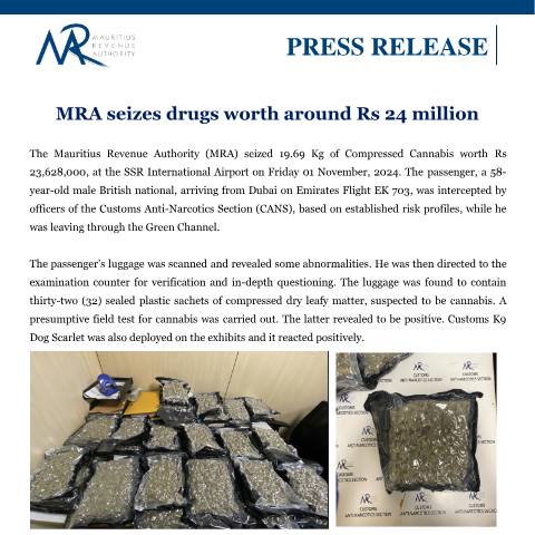 Document preview: MRA seizes drugs worth around Rs 24 million (02.11.24) — Document, Mauritius (CERFA n°PressRelease021124)