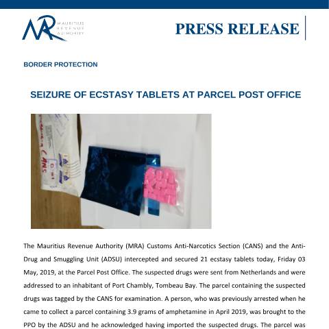 Document preview: Seizure of Ecstasy tablets at Parcel Post Office (03.05.19) — Document, Mauritius (CERFA n°PressRelease030519)